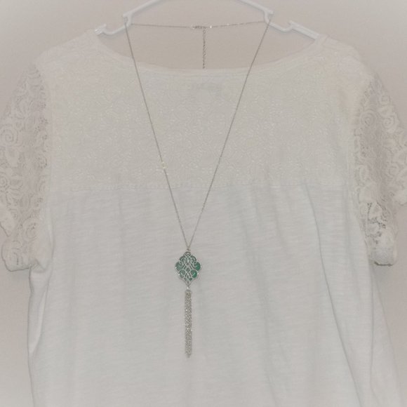 Teal Green and Silver Long Necklace and Chain Earrings Jewelry Set Tassel A596 - Picture 3 of 7